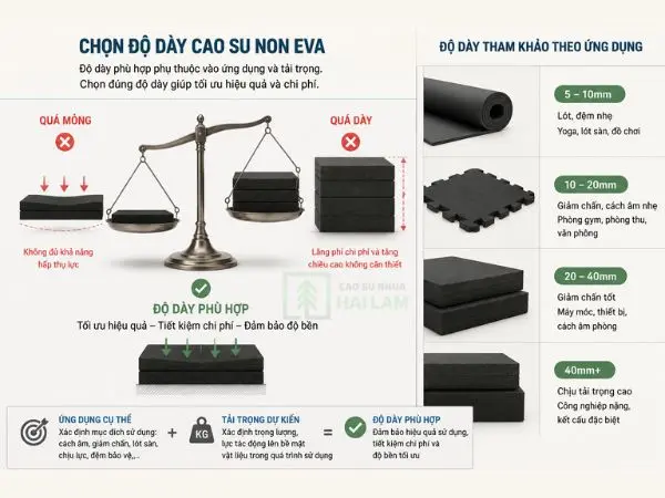 chọn độ dày cao su non EVA từ 2mm đến 50mm tùy ứng dụng và tải trọng