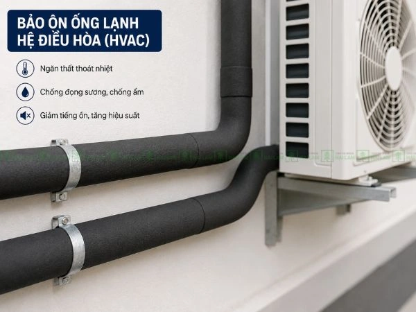 Xốp cao su lưu hóa bảo ôn đường ống lạnh hệ điều hòa HVAC