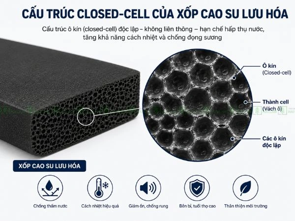 Cấu trúc closed-cell của xốp cao su lưu hóa giúp ngăn hơi nước và thất thoát nhiệt