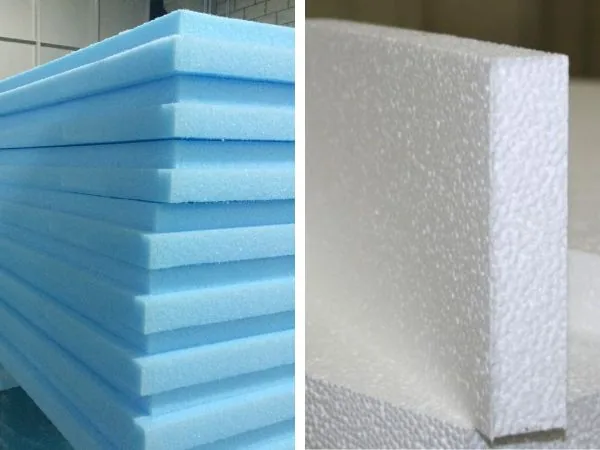 so sánh XPS và EPS ở dạng tấm màu xanh và trắng