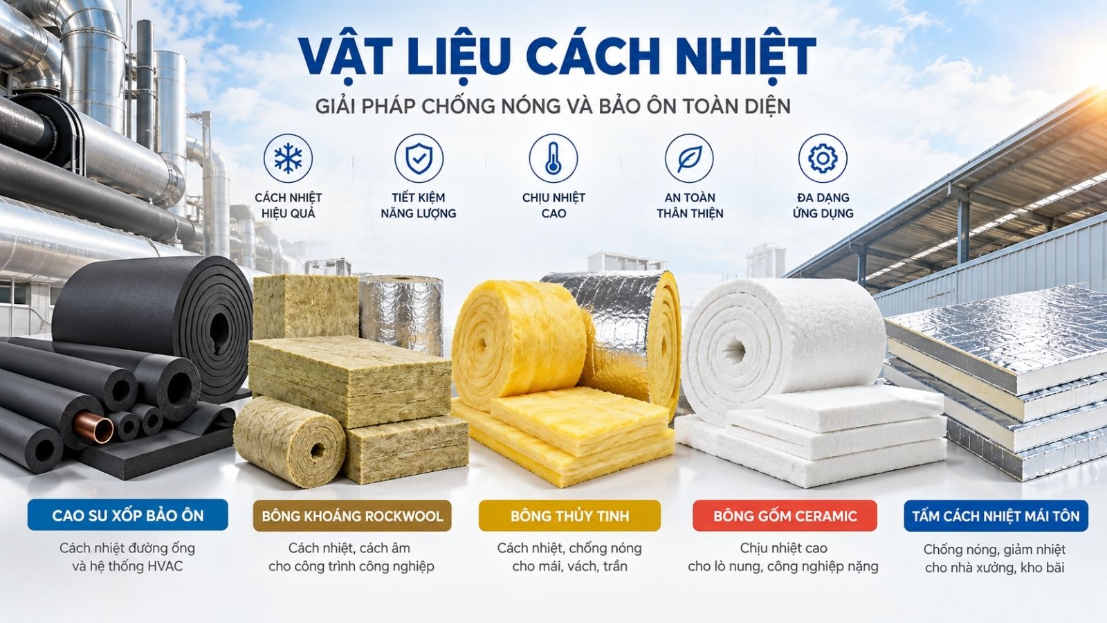Các loại vật liệu cách nhiệt gồm cao su xốp bảo ôn, bông khoáng Rockwool, bông thủy tinh, bông gốm Ceramic và tấm cách nhiệt mái tôn