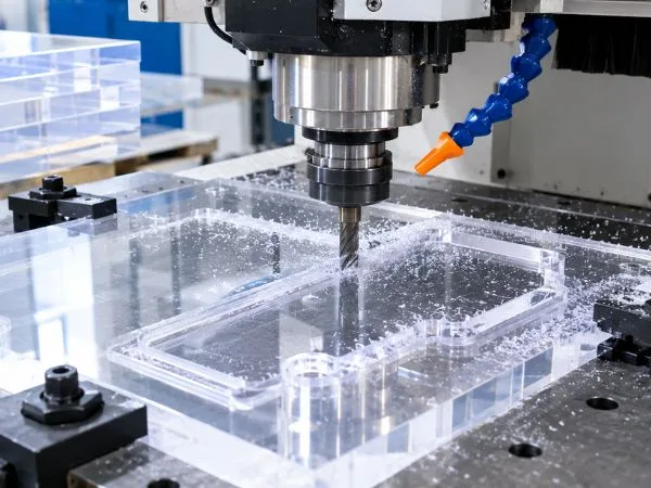 máy phay CNC đang gia công tấm nhựa PMMA trong suốt