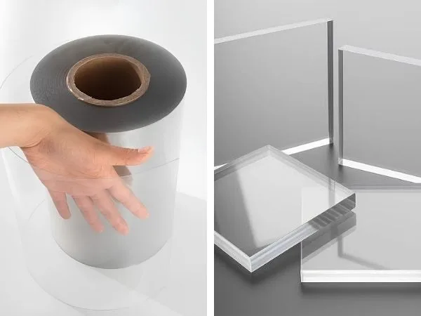 cuộn màng PETG trong suốt đặt cạnh các tấm PMMA acrylic